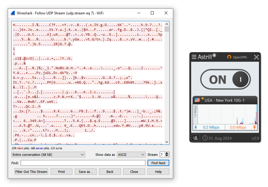 Resultados da Astrill no Wireshark