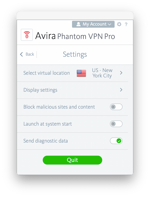 Avira Phantom Settings Menu