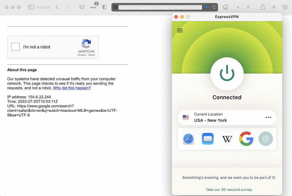 Triggering a CAPTCHA while running ExpressVPN