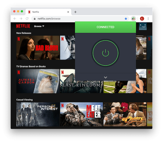 Bild der Google Chrome-Erweiterung von PIA, die erfolgreich die Sperrung von US-Netflix aufhebt.