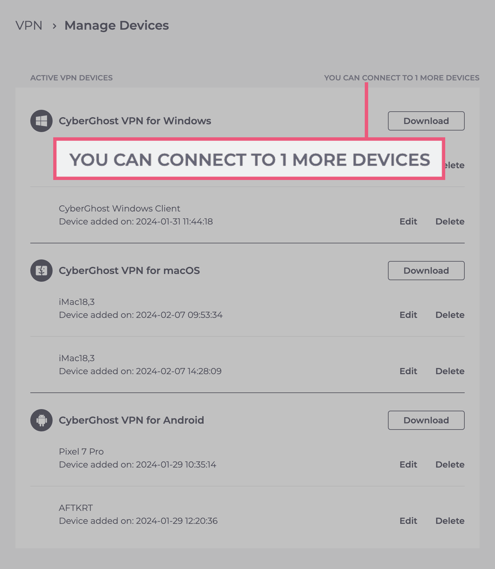 Our CyberGhost account page, showing which devices we're signed into our account on and how many we have left free to use.