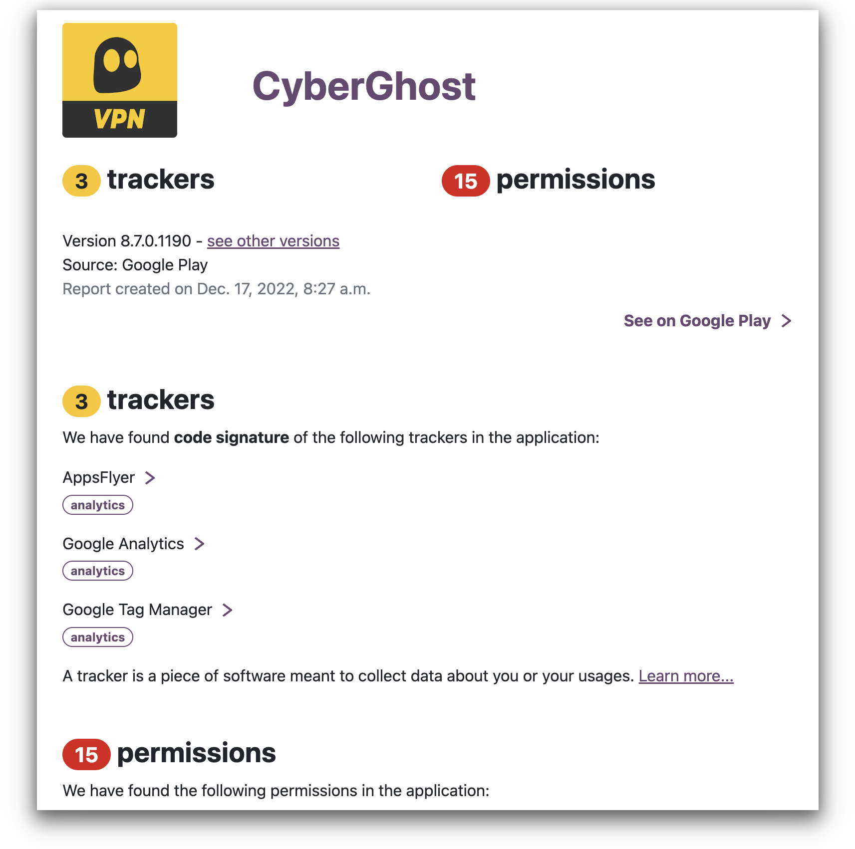 I risultati di CyberGhost nello strumento di tracciamento delle app di Exodus