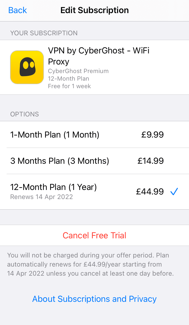 Menu d'abonnement CyberGhost dans iOS