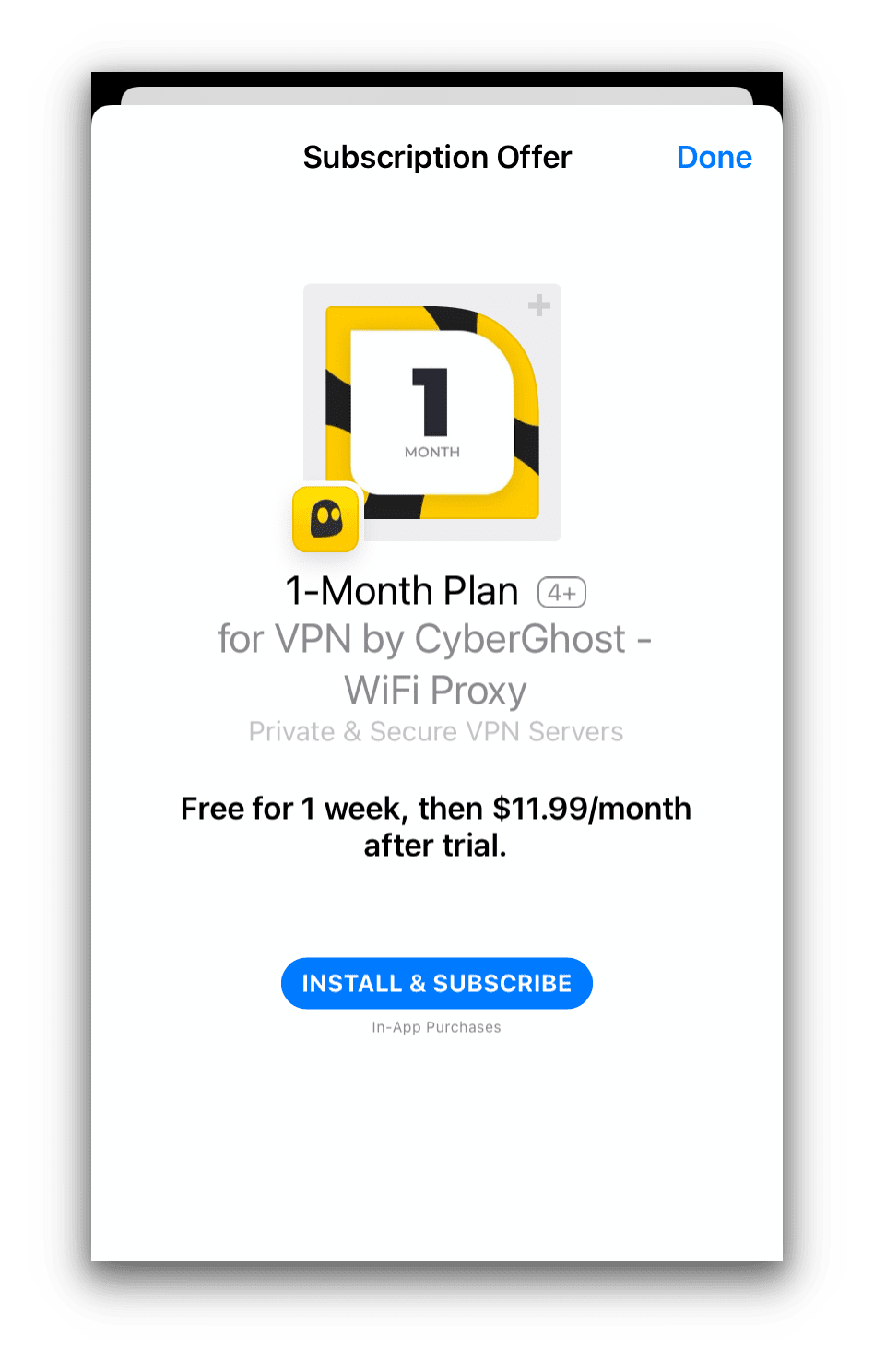 CyberGhost's iOS free trial & subscription screen