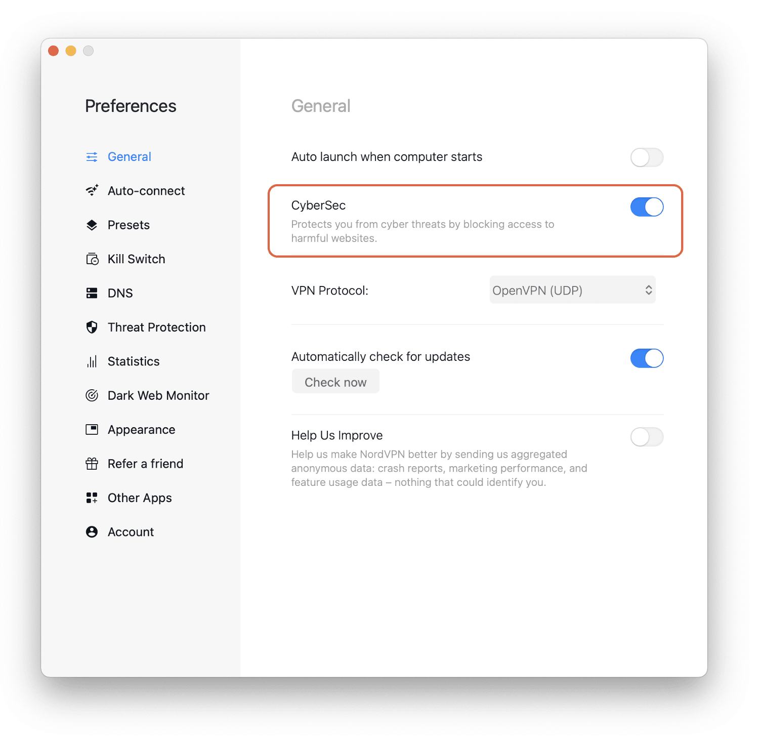 Under General in NordVPN's settings, you can turn off Threat Protection.