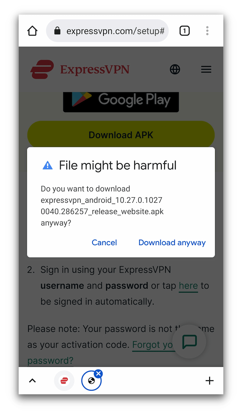 Eine Popup-Warnung vor dem Herunterladen einer APK-Datei auf Ihr Android-Gerät