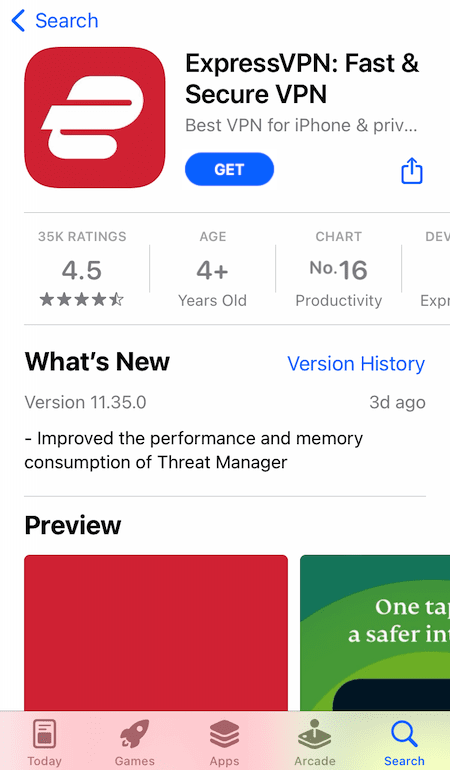 iOS 앱 스토어의 ExpressVPN