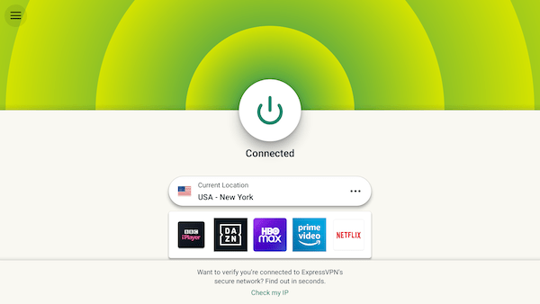 The main screen of ExpressVPN's Google TV app