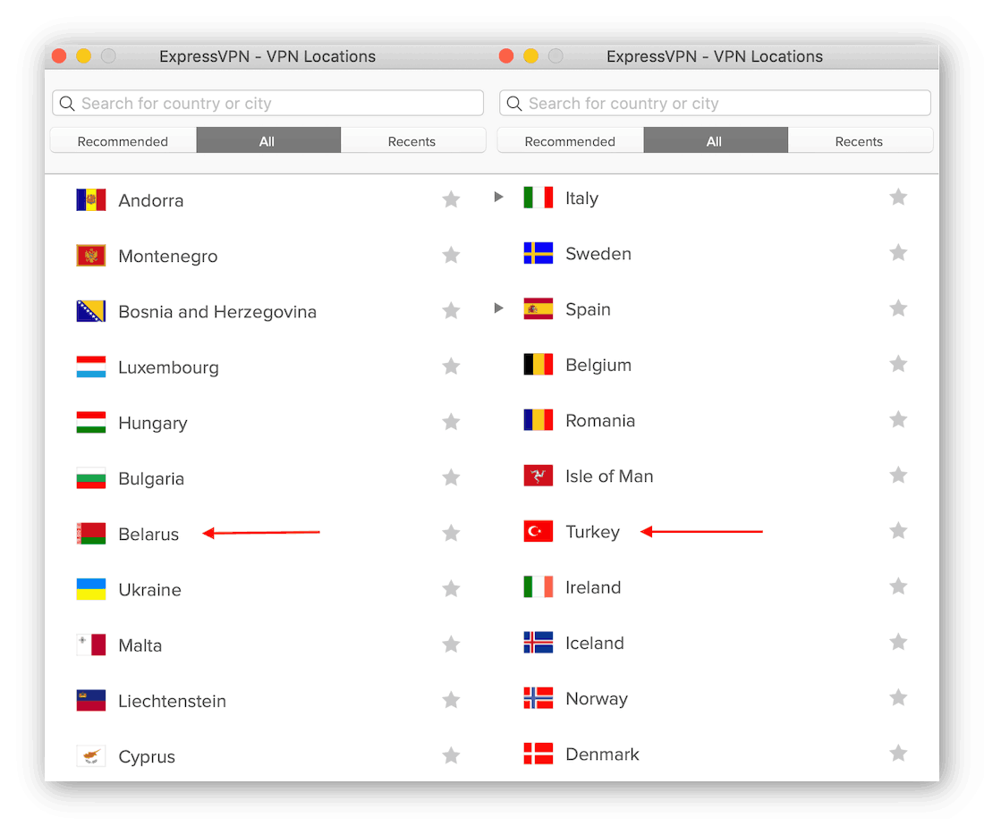 ExpressVPN har serverplatser i Turkiet och Belarus, två platser där VPN-tjänster är olagliga eller begränsade