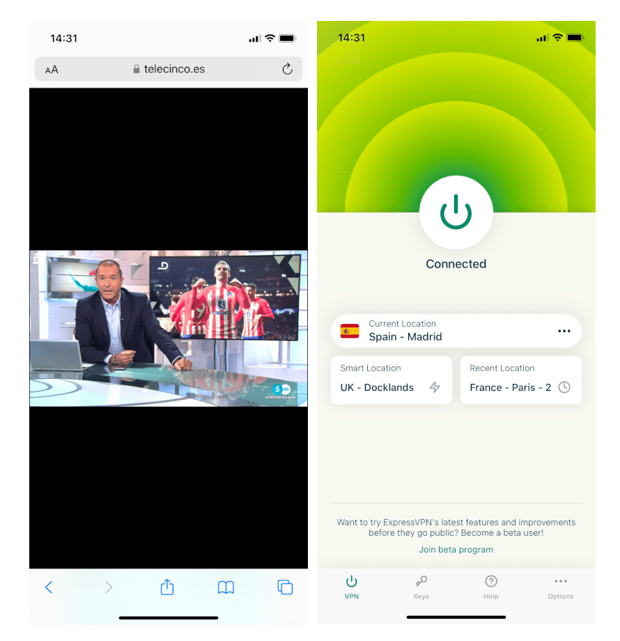 ExpressVPN desbloqueando Telecinco