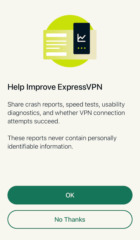 Mobiler Analysedialog von ExpressVPN iOS