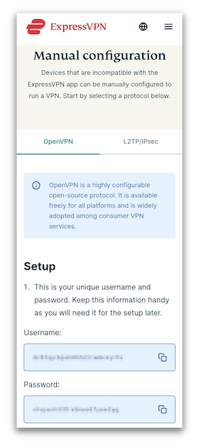 Anmeldedaten für die manuelle Konfiguration von OpenVPN auf ExpressVPN