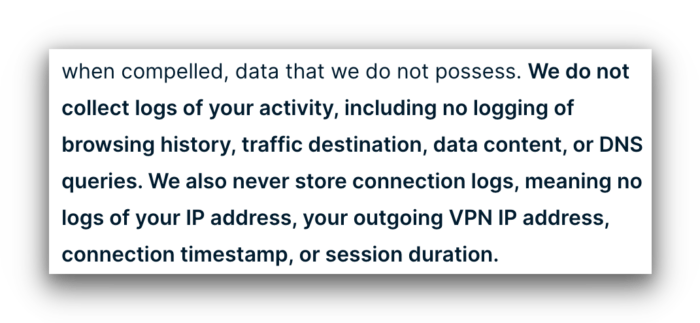 Captura de pantalla de la política de privacidad de ExpressVPN dice que no registrar actividad o o conexión.