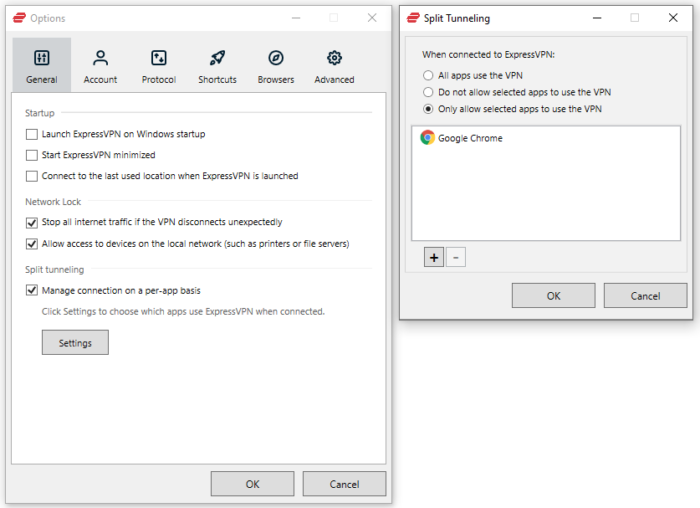 Configuración del túnel dividido en la aplicación para PC de ExpressVPN