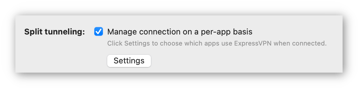 screenshot of the Split Tunneling setting in the ExpressVPN desktop app