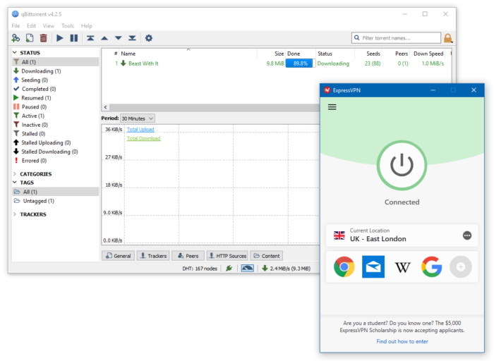 ExpressVPN ejecutándose al mismo tiempo que qBittorrent.