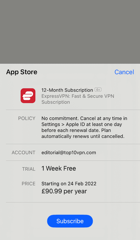 iOS에서의 ExpressVPN 무료 체험 확인 메세지