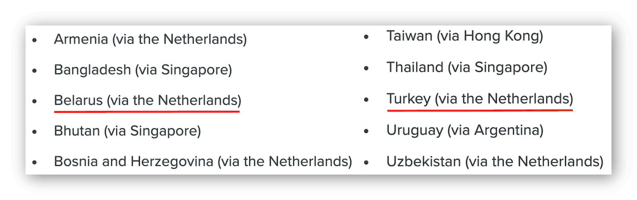 Schermata di alcune delle posizioni dei server utilizzate da ExpressVPN, incluse Bielorussia e Turchia