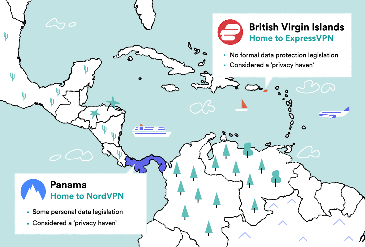 Anotated map of NordVPN and ExpressVPN jurisdictions