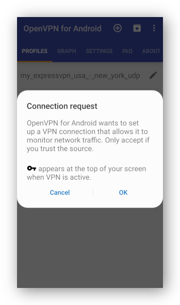 Screenshot der VPN-Verbindungsanfrage in der OpenVPN für Android App