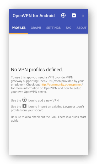 Screenshot der OpenVPN für Android App ohne VPN-Profile