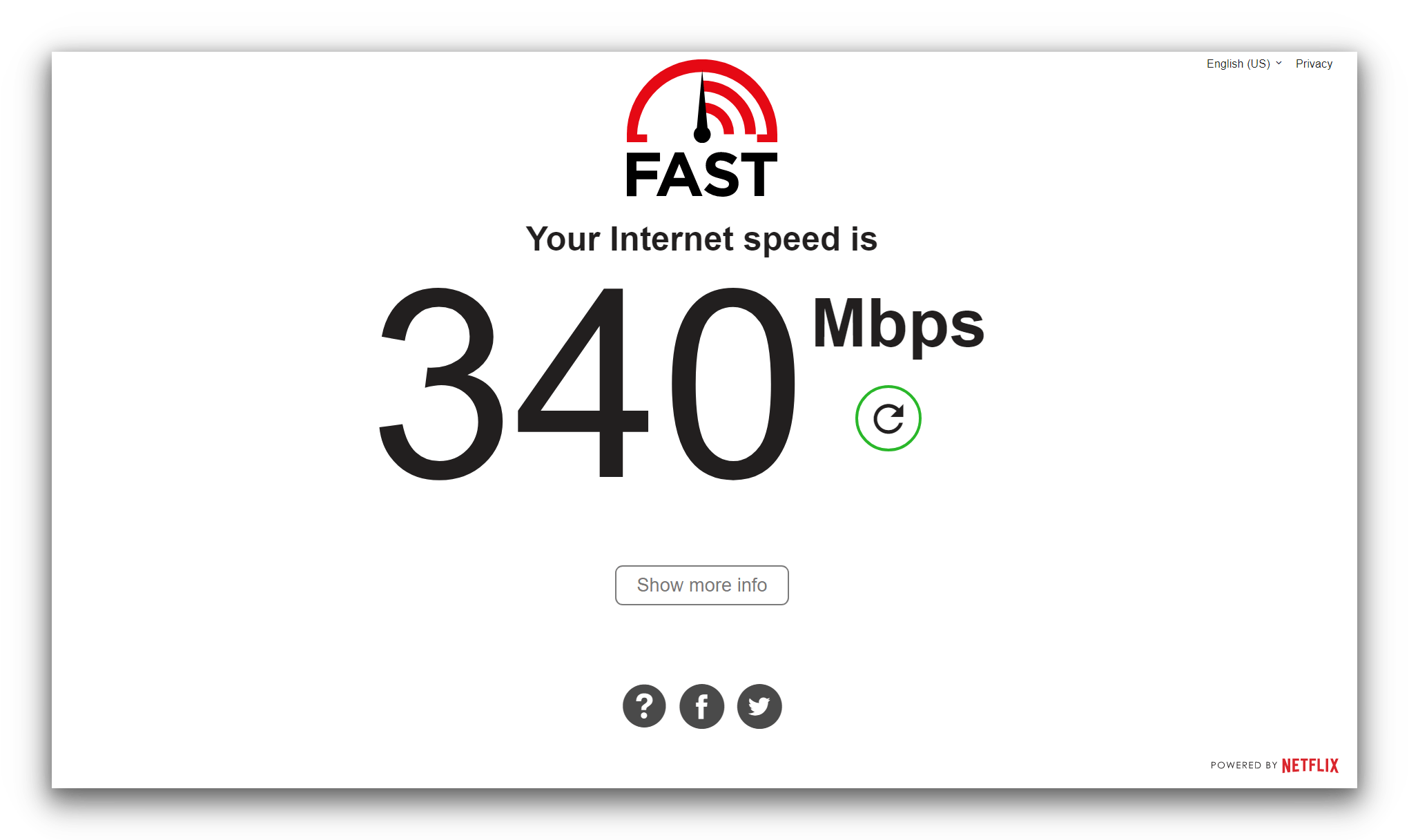 A screenshot of Fast.com's speed test tool