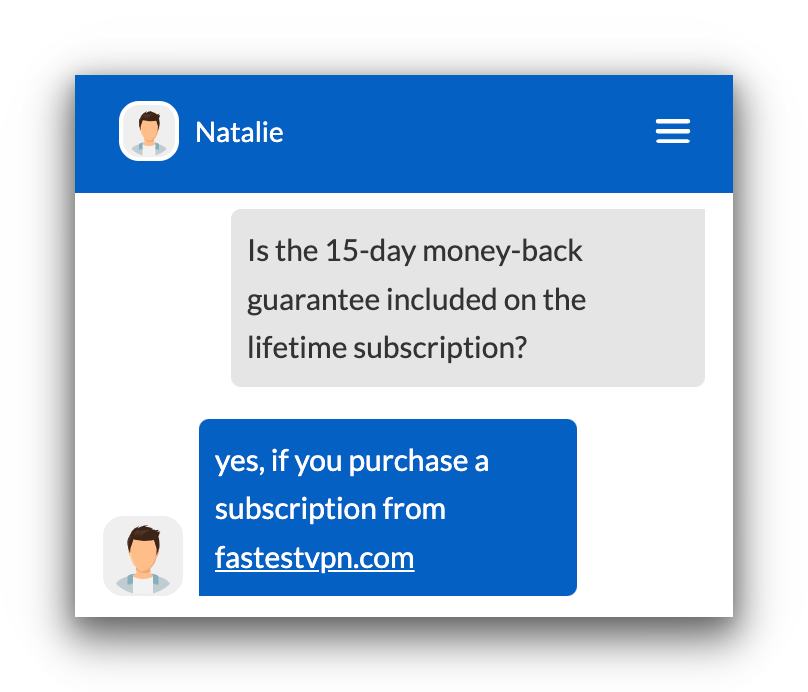 Conversation with FastestVPN's customer service agent about their refund policy.