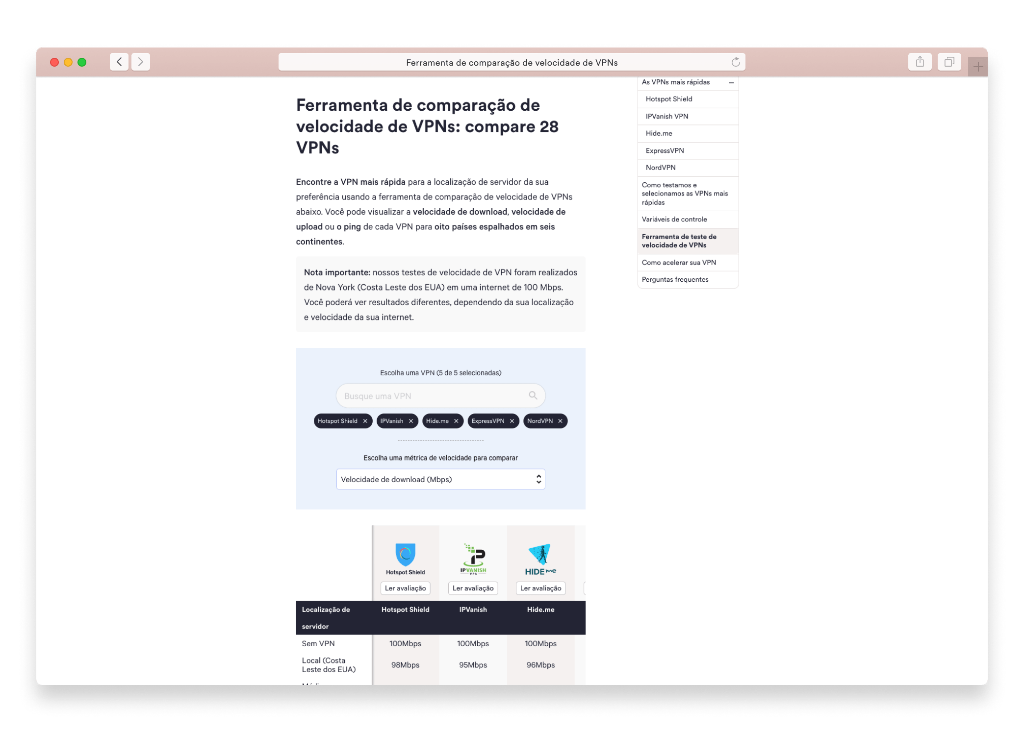 Testes de velocidade de VPNs