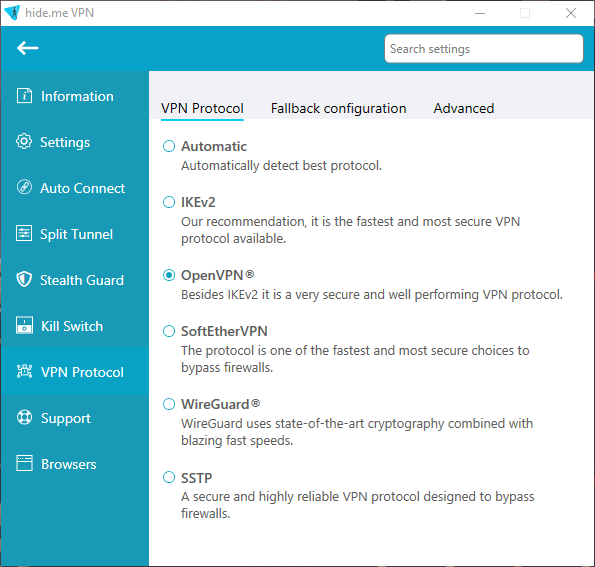 Protokollinställningar i Hide.mes Windows-klient.