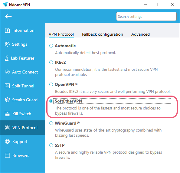 Captura de tela do cliente Windows da Hide.me, mostrando a página de Protocolo VPN nas Configurações.