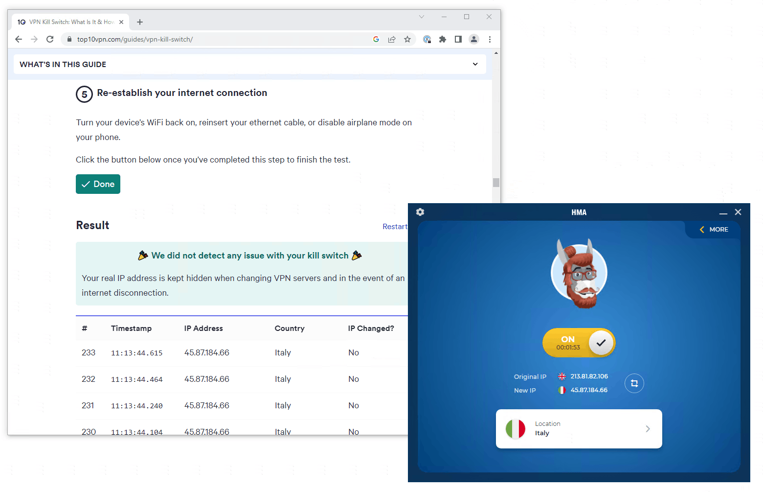 Testing HMA VPN's kill switch