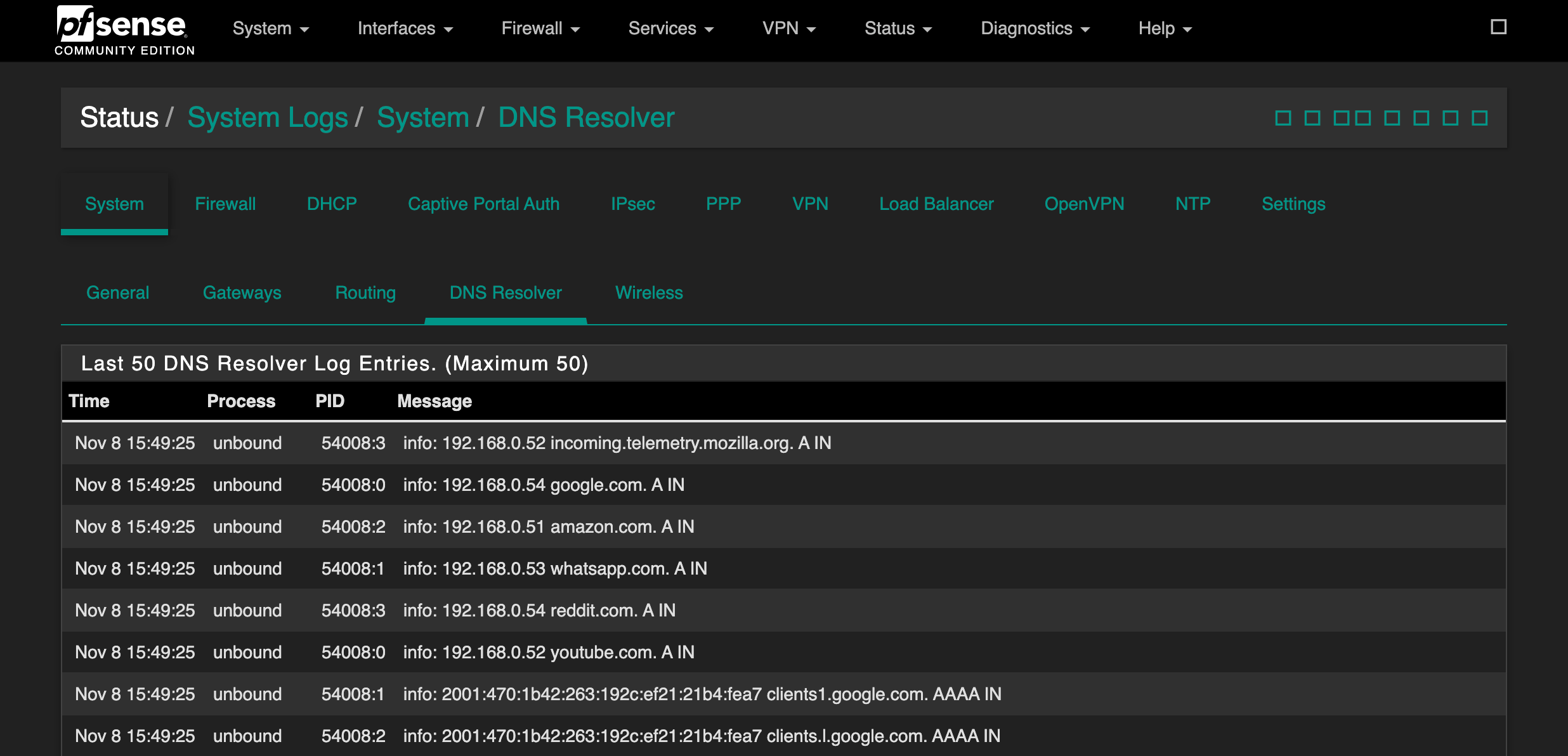 Registros de actividad de red en un router Wi-Fi