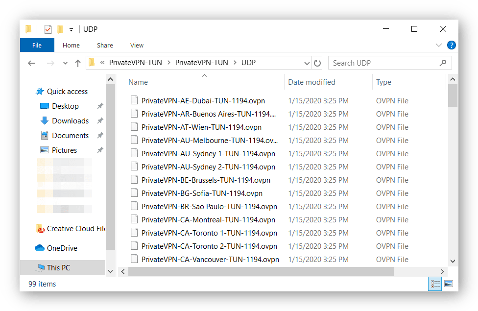 Screenshot der entpackten PrivateVPN OpenVPN Konfigurationsdateien