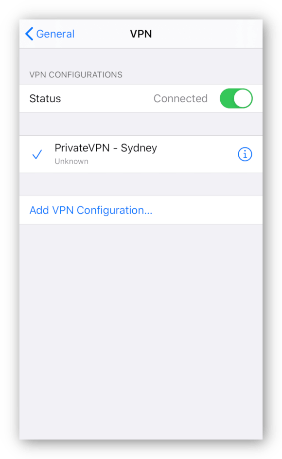 Screenshot des in iOS integrierten VPN-Clients, der mit dem PrivateVPN-Server verbunden ist