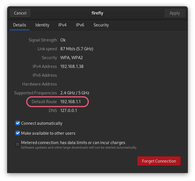 Router IP address in network settings