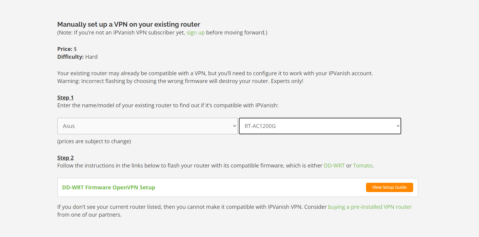 IPVanish's search engine for router setup