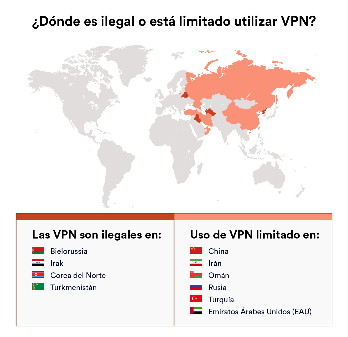 Mapa que muestra los países en los que las VPN son legales e ilegales