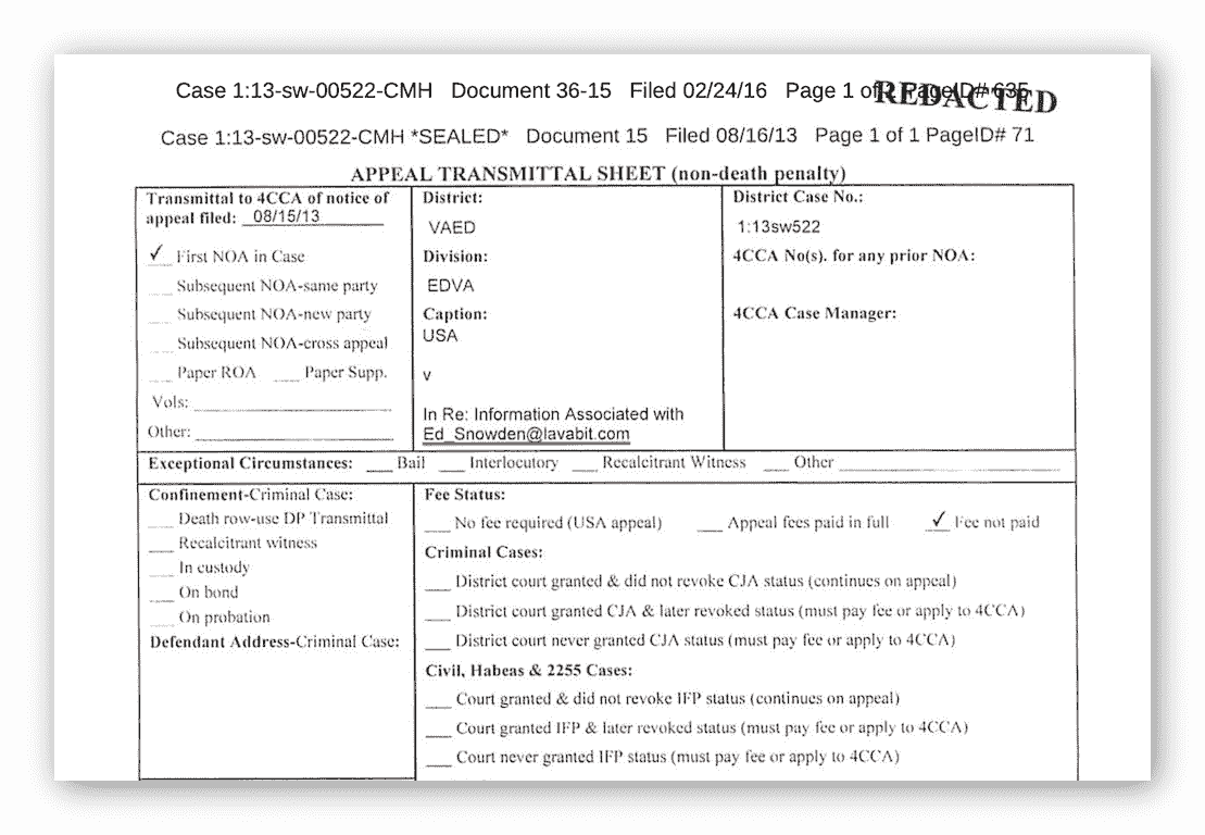 Screenshot of an FBI subpoena for user data from Lavabit