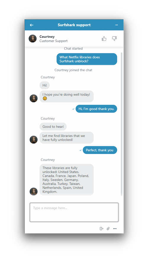 Chat de atención al cliente de Surfshark