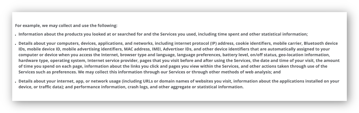 Extracto de la política de privacidad de McAfee VPN