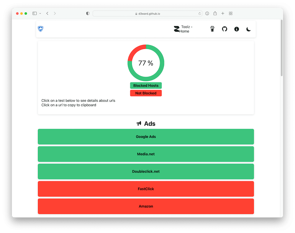 Un test de Adblock probando que Mozilla VPN bloquea el 77% de los anuncios