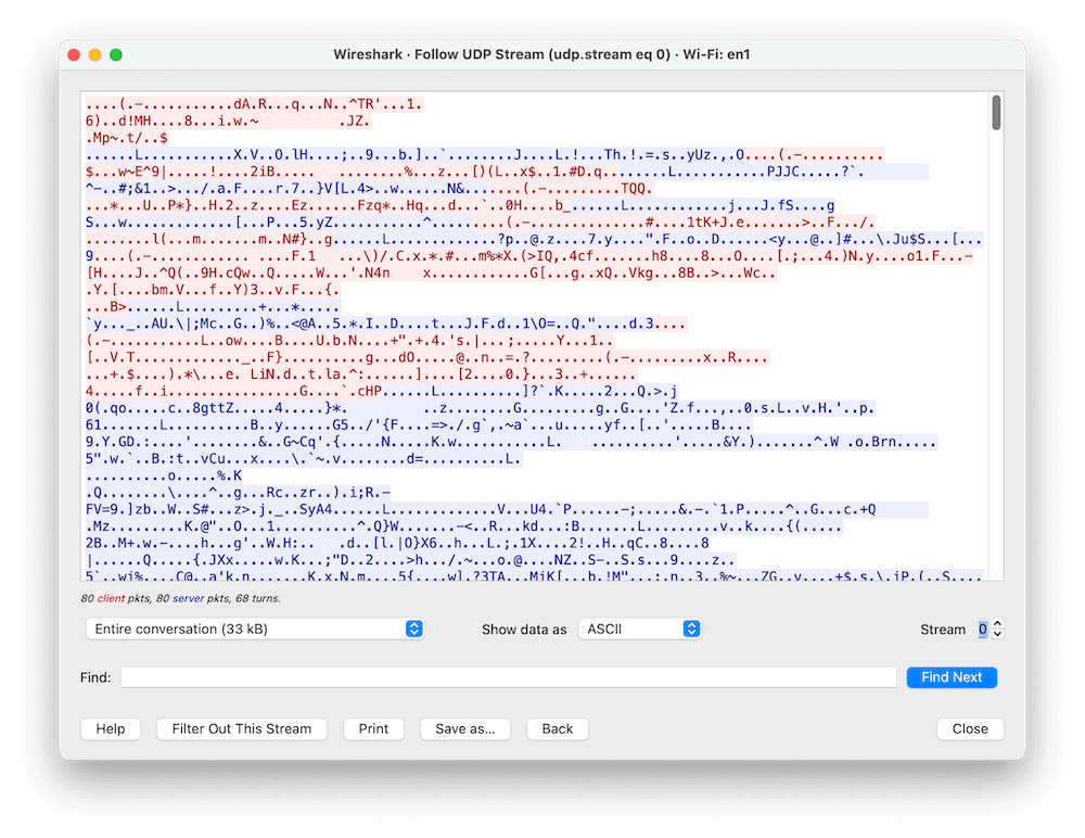 Un test de encriptación Wireshark probando que Mozilla VPN funciona bien