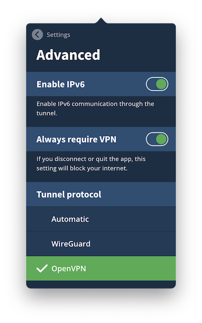 Mullvad's advanced security settings