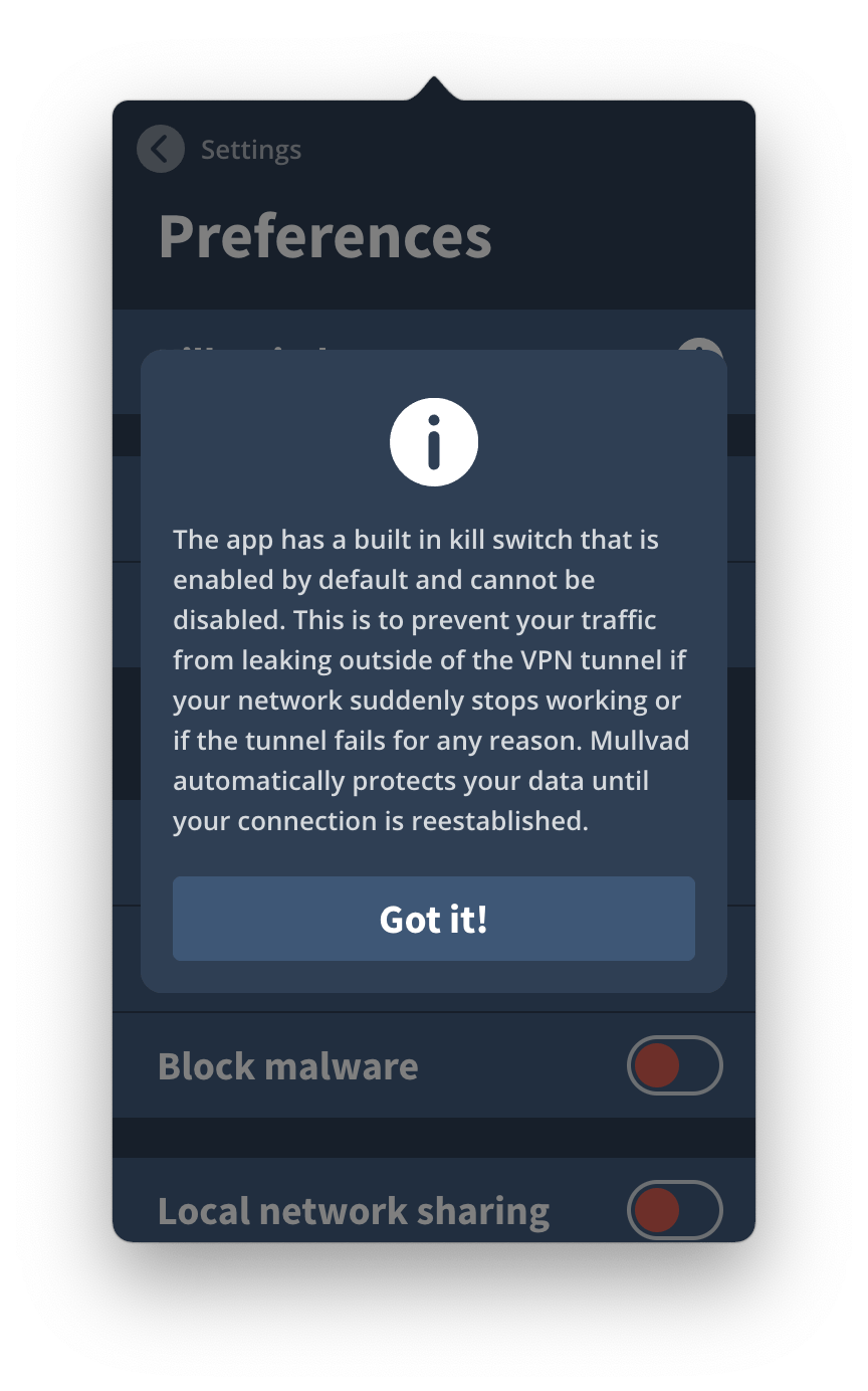 Le kill switch intégré de Mullvad.