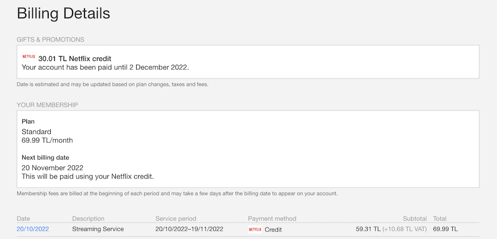 Una schermata di fatturazione dell'account Netflix che mostra l'uso di un voucher per il pagamento.