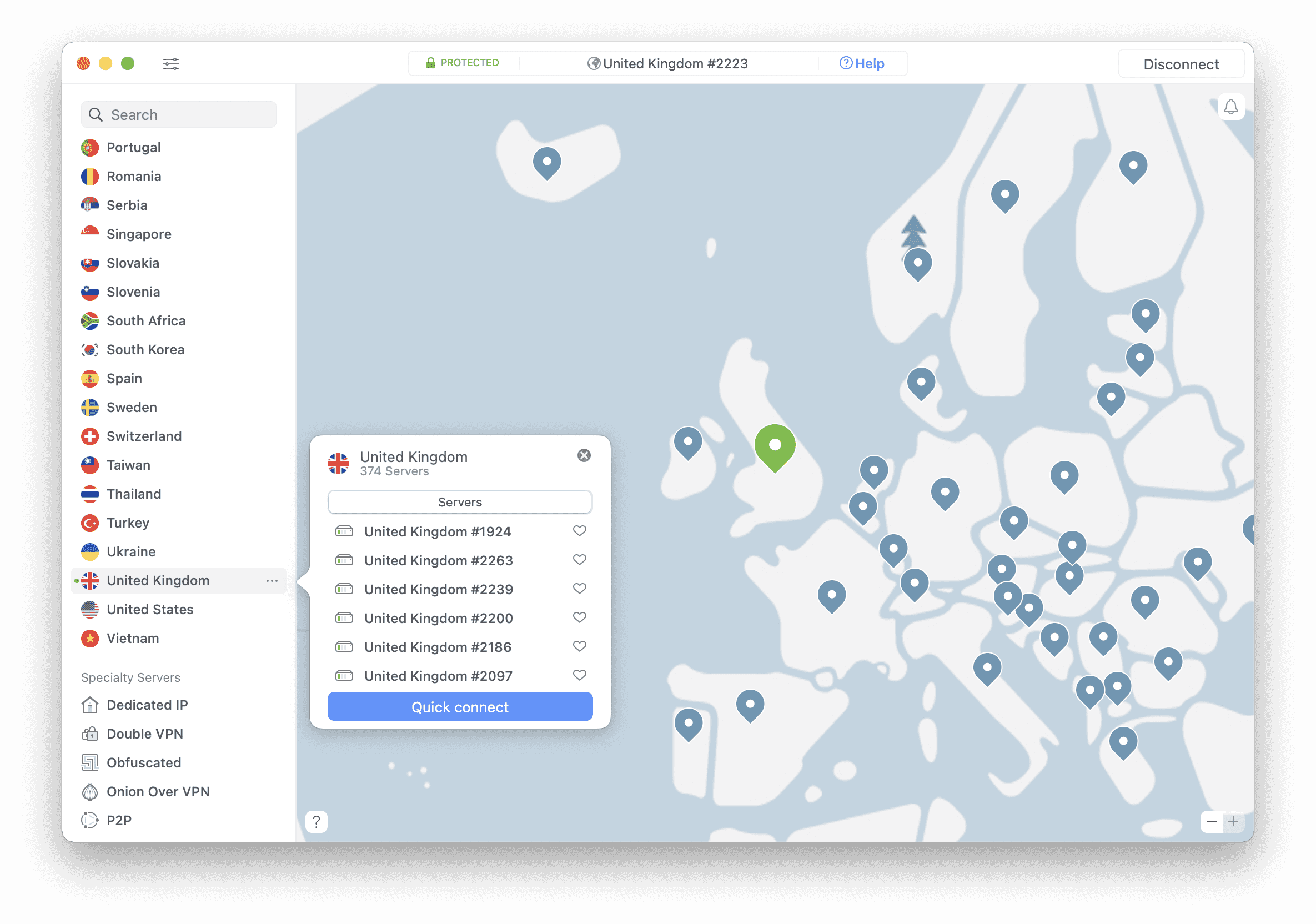 Captura de pantalla de los servidores de NordVPN en el Reino Unido