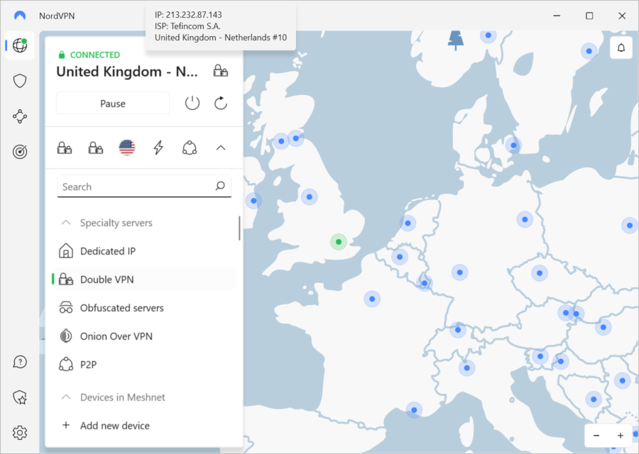 NordVPN solo permite las conexiones Multi-hop a corta distancia.