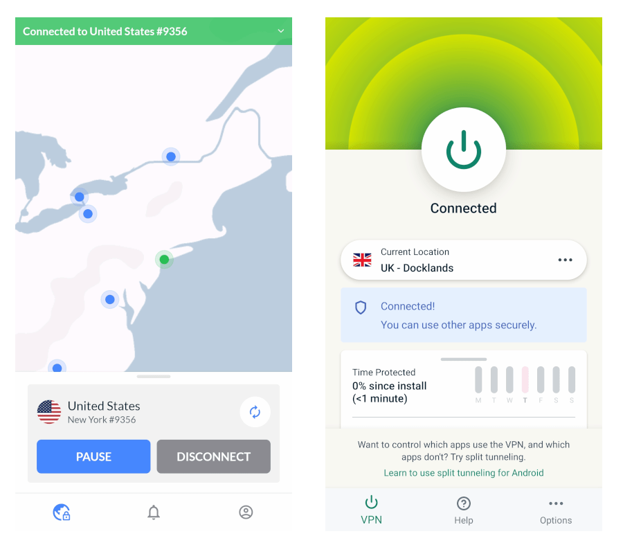 Las aplicaciones de NordVPN y ExpressVPN lado a lado. 