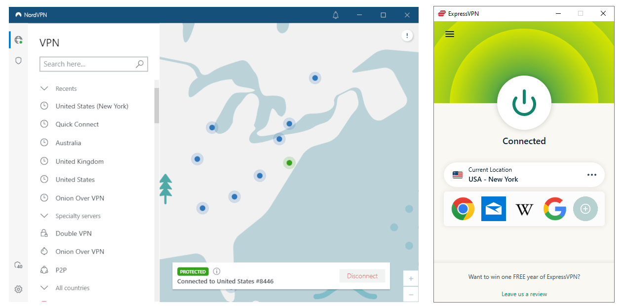  La aplicaciones de NordVPN y ExpressVPN para escritorio lado a lado