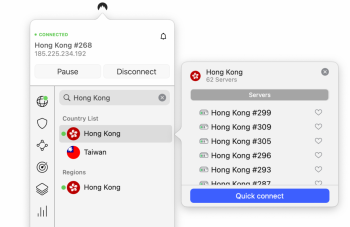 NordVPN's Hong Kong servers on macOS.